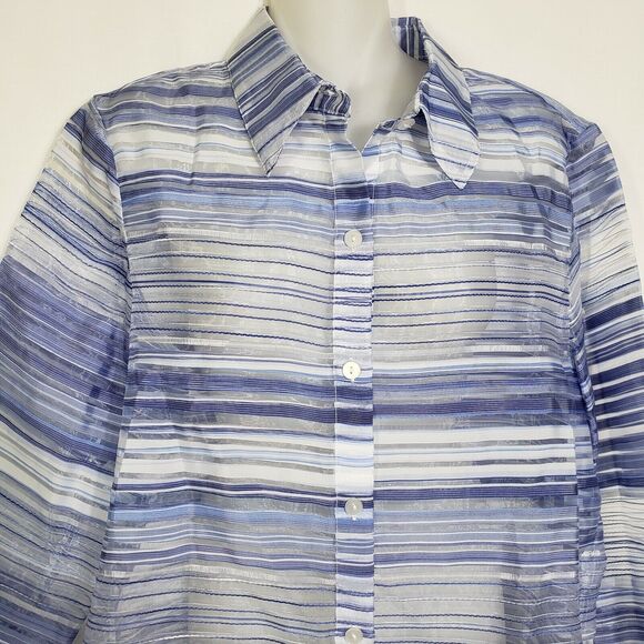 Alfred Dunner Womens Blouse Size 8 Blue Striped Sheer 3/4 Sleeve Button Front - Picture 3 of 8
